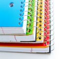 Multicolored spiral notebooks on a white background.